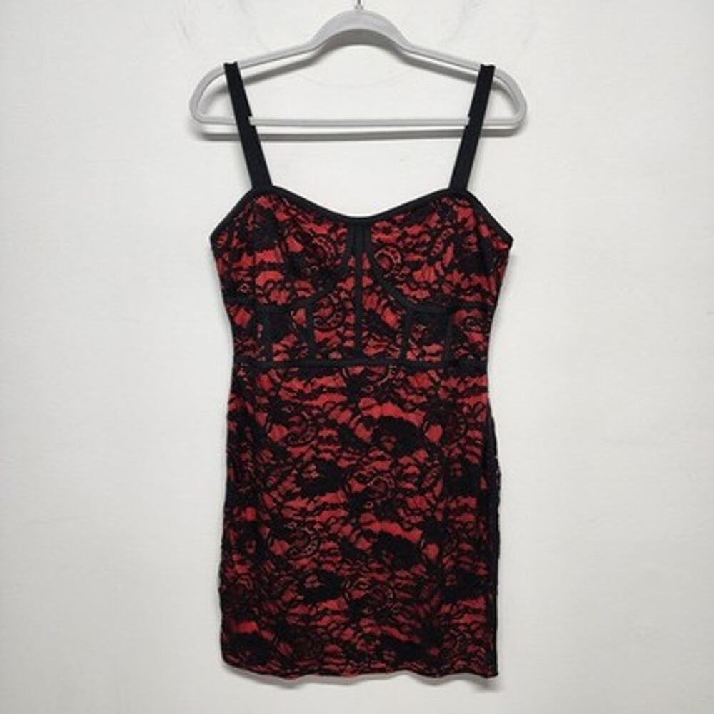 Express Red Black Lace Bodycon Dress Size L Sweetheart Neck Sleeveless Goth Vamp